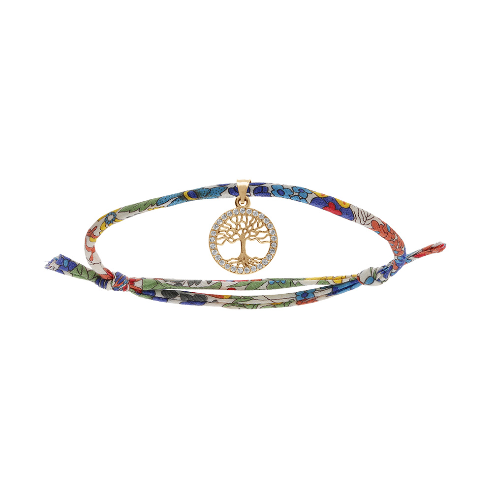 Bracelet liberty tissu fleuri une pampille arbre de vie plaqu� or avec oxydes blancs sertis, r�glable - Vue 1