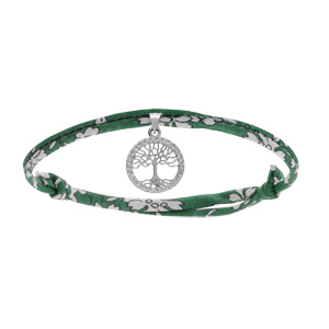 Bracelet liberty tissu fleuri vert une pampille arbre de vie argent rhodi avec oxydes blancs sertis, rglable - Vue 1