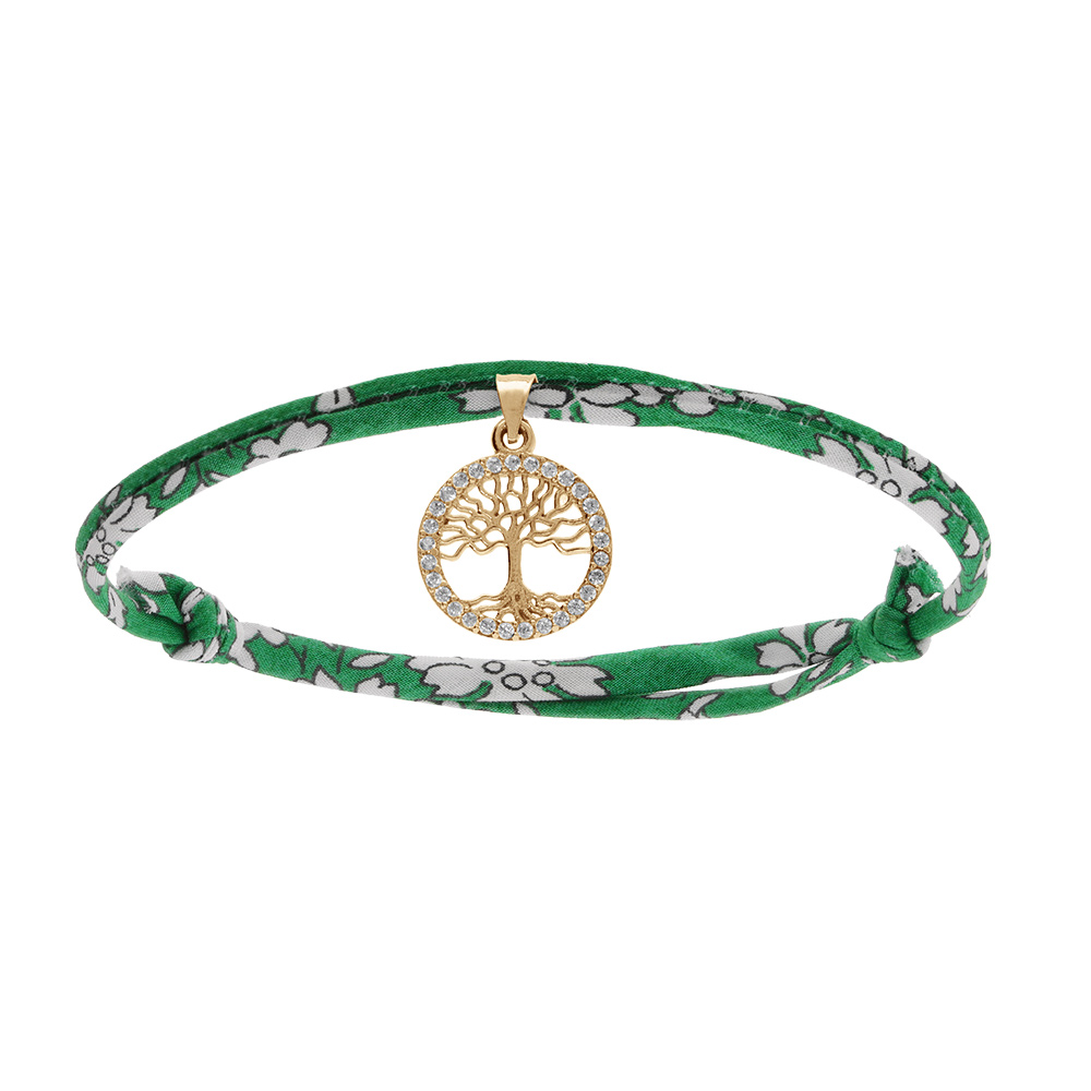 Bracelet liberty tissu fleuri vert une pampille arbre de vie plaqu� or avec oxydes blancs sertis, r�glable - Vue 1