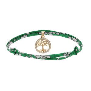 Bracelet liberty tissu fleuri vert une pampille arbre de vie plaqu or avec oxydes blancs sertis, rglable - Vue 1