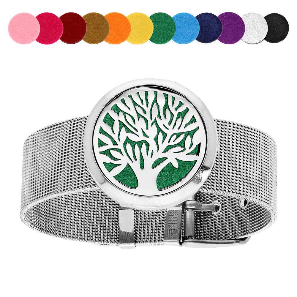Bracelet maille milanaise diffuseur de parfum m�daillon arbre de vie - 21cm r�glable - Vue 1