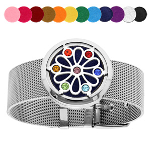 Bracelet maille milanaise diffuseur de parfum mdaillon fleur de vie et 7 chakras - 21cm rglable - Vue 1