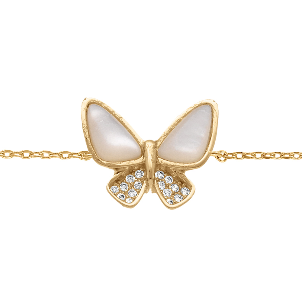 Bracelet plaqu� or papillon nacre blanche et oxydes blancs 16+3cm - Vue 1