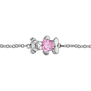 Bracelet pour enfant en argent rhodié chaîne avec au milieu 1 ourson tenant 1 oxyde rose - longueur 14cm + 2cm de rallonge - Vue 1