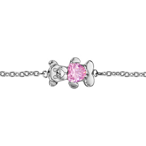 Bracelet pour enfant en argent rhodi chane avec au milieu 1 ourson tenant 1 oxyde rose - longueur 14cm + 2cm de rallonge - Vue 1