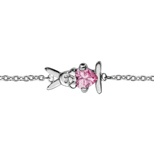 Bracelet pour enfant en argent rhodi chane avec 1 lapin tenant 1 oxyde rose au milieu - longueur 14cm + 2cm de rallonge - Vue 1