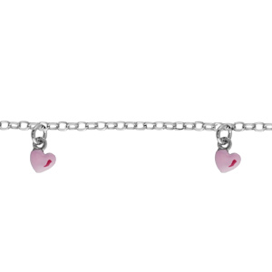 Bracelet pour enfant en argent rhodi chane avec 3 pampilles coeurs roses - longueur 14cm + 2cm de rallonge - Vue 1