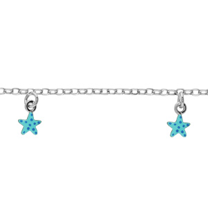 Bracelet pour enfant en argent rhodi chane avec 3 pampilles toiles de mer bleues - longueur 14cm + 2cm de rallonge - Vue 1