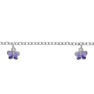 Bracelet pour enfant en argent rhodi chane avec 3 pampilles papillons mauves - longueur 14cm + 2cm de rallonge - Vue 1