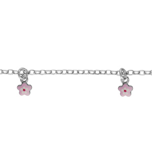 Bracelet pour enfant en argent rhodi chane avec 3 pampilles petites fleurs roses - longueur 14cm + 2cm de rallonge - Vue 1