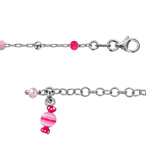 Bracelet pour enfant en argent rhodi chane avec perles roses et 1 pampille bonbon rose - longueur 13cm + 3cm de rallonge - Vue 1