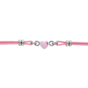 Bracelet pour enfant en argent rhodi cordon doubl rose avec coeur rose au milieu - longueur 14cm + 2cm de rallonge - Vue 1