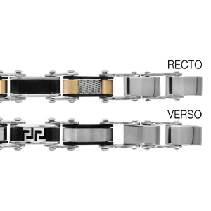 Bracelet réversible en acier 1 côté alternance de maillons en PVD noir et maillons avec PVD jaune, quadrillage et l\'autre côté alternance de maillons lisses et maillons en PVD noir avec méandre grec gravé - longueur 20cm réglable - Vue 1