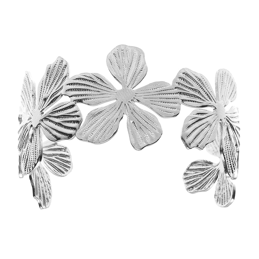 Bracelet rigide en acier ouvert avec fleurs - Vue 1
