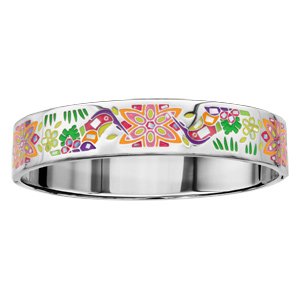 Bracelet Stella Mia articul en acier et nacre blanche vritable avec motifs colibris jaunes et violets - taille 62mm X 56mm - Vue 1