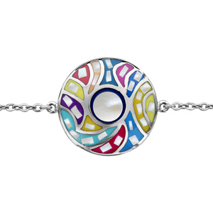 Bracelet Stella Mia en acier chane avec au milieu rond avec coeur en nacre blanche vritable et formes arrondies couleur pastel autour - longueur 16cm + 3cm de rallonge - Vue 1