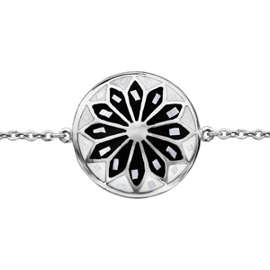 Bracelet Stella Mia en acier chane avec au milieu rond avec motif fleur et noir et blanc et nacre blanche vritable - 16cm + 3cm de rallonge - Vue 1