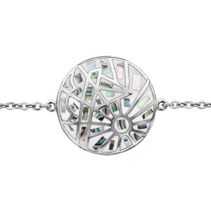 Bracelet Stella Mia en acier chane avec au milieu rond avec motifs gomtriques blanc et en nacre blanche vritable - longueur 16cm + 3cm de rallonge - Vue 1