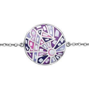 Bracelet Stella Mia en acier chane avec au milieu rond avec motifs gomtriques et dgrad de rose et violet et nacre blanche vritable - longueur 16cm + 3cm de rallonge - Vue 1
