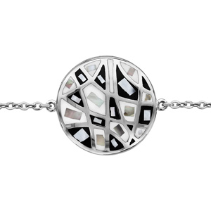 Bracelet Stella Mia en acier chaîne avec au milieu rond avec motifs géométriques et noir et blanc et nacre blanche véritable - longueur 16cm + 3cm de rallonge - Vue 1