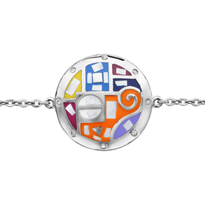 Bracelet Stella Mia en acier chane avec au milieu rond avec motifs spirales et formes multicolores et nacre blanche vritable - longueur 16cm + 3cm de rallonge - Vue 1