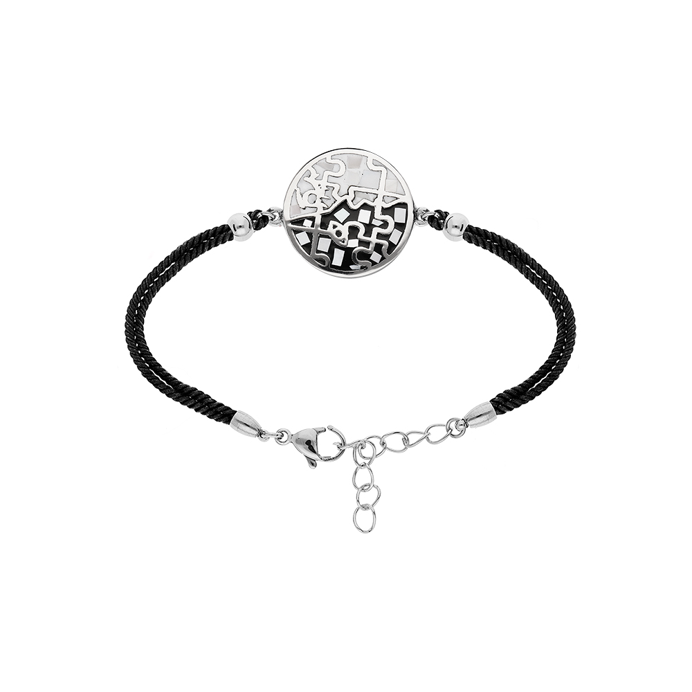 Bracelet Stella Mia en acier cordon noir avec pastille ronde noire et blanche et nacre 15,5+3,5cm - Vue 1