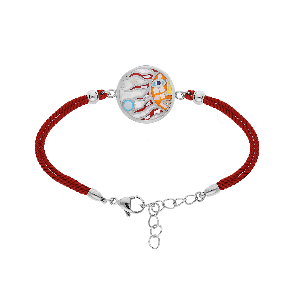 Bracelet Stella Mia en acier cordon rouge avec pastille ronde motif soleil multicouleur avec Nacre 16+3cm - Vue 1
