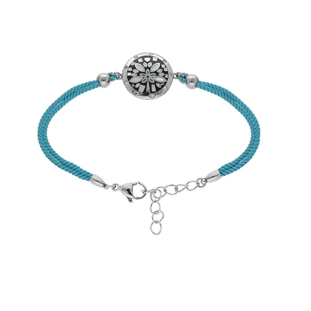 Bracelet Stella Mia en acier cordon turquoise pastille ronde motif v�g�tal nacre blanche 16+3cm - Vue 1