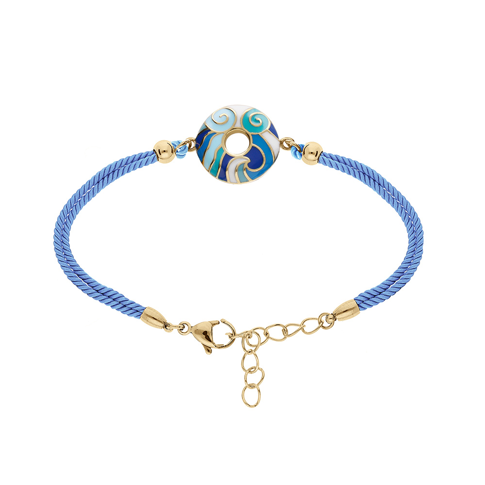 Bracelet Stella Mia en acier dor jaune avec anneau rsine cordon bleu ciel - 16+3cm - Vue 1