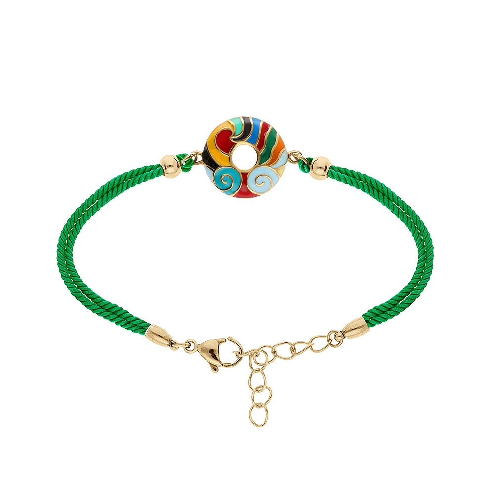 Bracelet Stella Mia en acier dor� jaune avec anneau r�sine multi couleur cordon vert  - 16+3cm - Vue 1