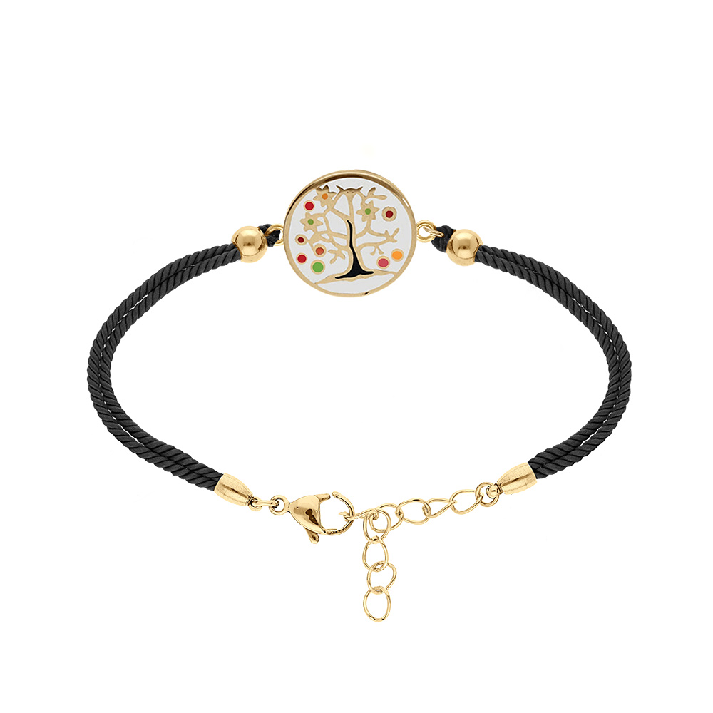 Bracelet  Stella Mia en acier dor� jaune avec arbre de vie r�sine cordon noir - 16+3cm - Vue 1