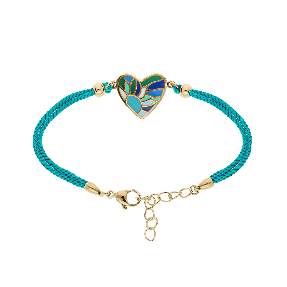 Bracelet  Stella Mia en acier dor jaune  coeur rsine bleu vert cordon bleu turquoise - 16+3cm - Vue 1