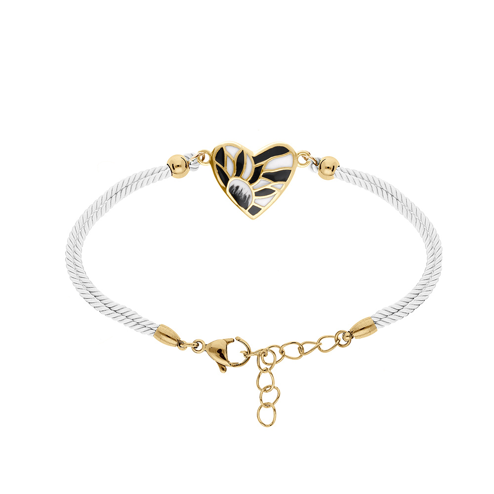 Bracelet  Stella Mia en acier dor� jaune forme coeur r�sine blanche et noire cordon blanc  - 16+3cm - Vue 1