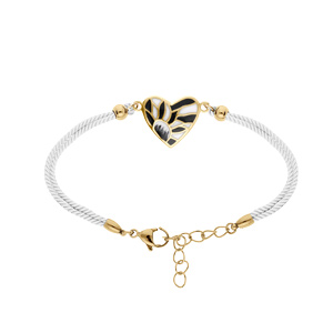 Bracelet Stella Mia en acier doré jaune forme coeur résine blanche et noire cordon blanc - 16+3cm - Vue 1