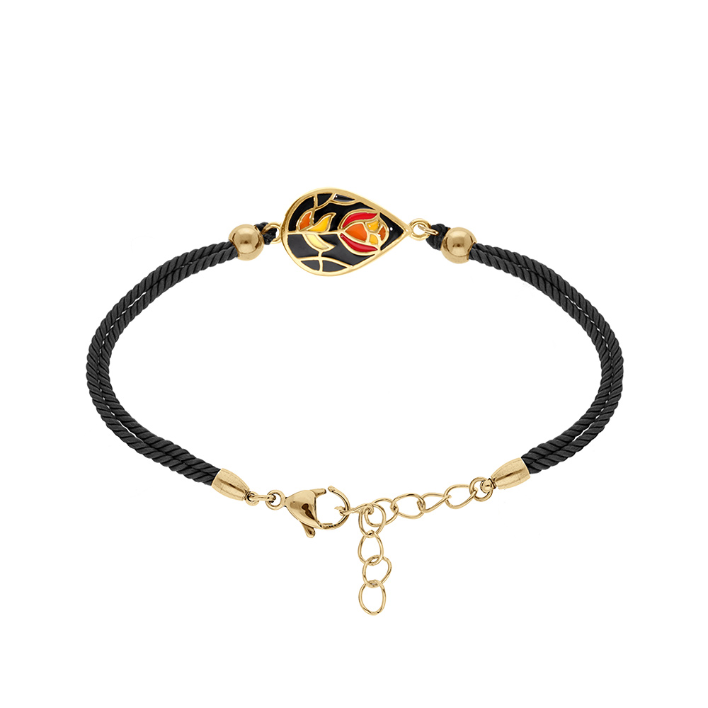 Bracelet Stella Mia en acier dor� jaune goutte r�sine noire et rouge cordon noir  - 16+3cm - Vue 1