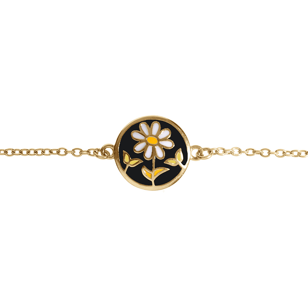 Bracelet Stella Mia en acier dor� jaune motif rond r�sine noire avec fleurs - 16+3cm - Vue 1