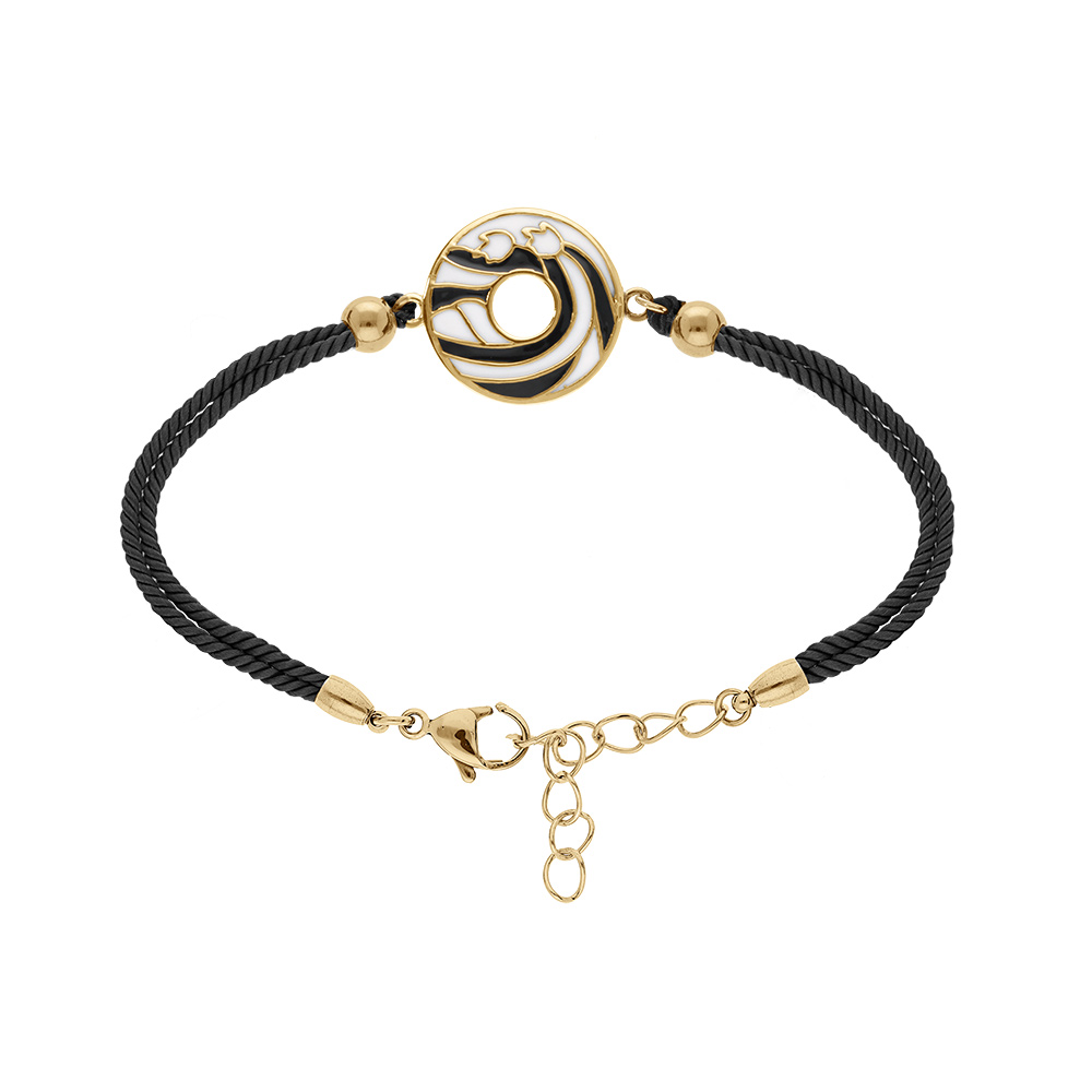 Bracelet Stella Mia en acier dor� jaune r�sine blanche et noire cordon noir - 16+3cm - Vue 1