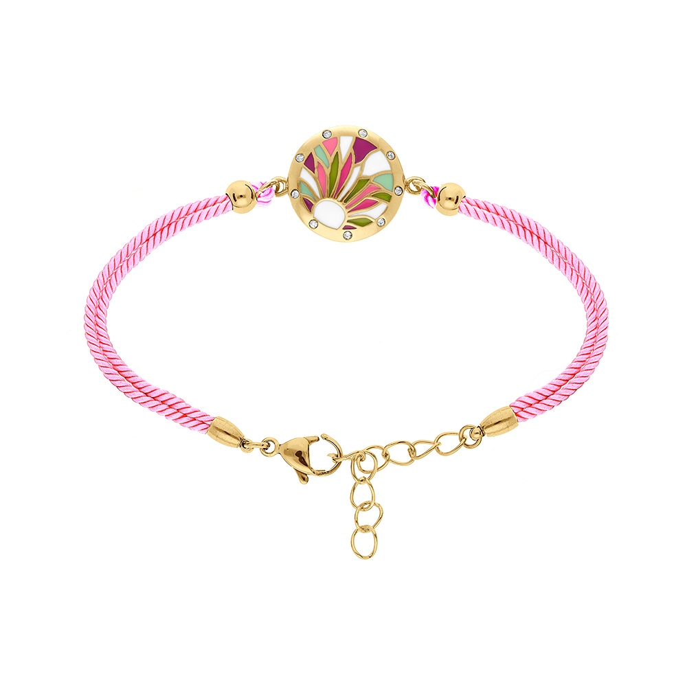 Bracelet Stella Mia en acier dor� jaune r�sine rose et violet cordon fushia  - 16+3cm - Vue 1