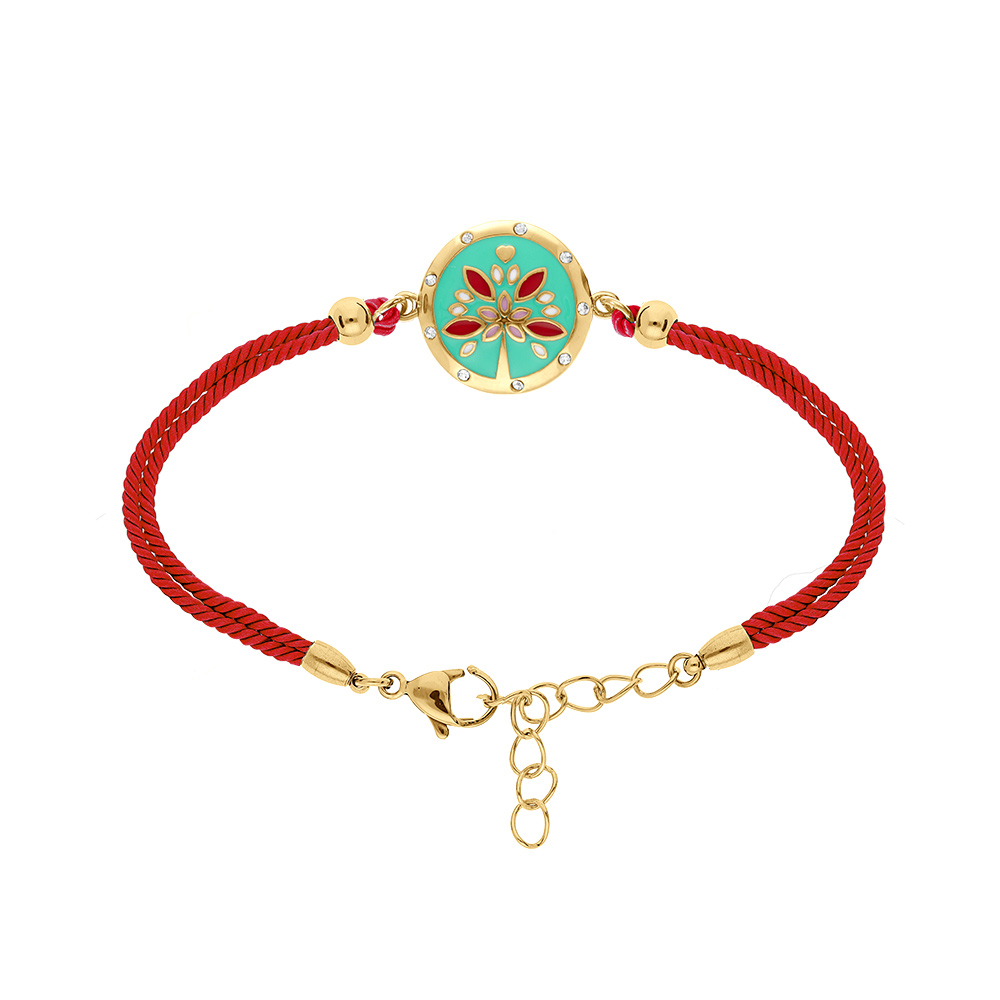 Bracelet Stella Mia en acier dor� jaune r�sine verte et rouge cordon rouge  - 16+3cm - Vue 1