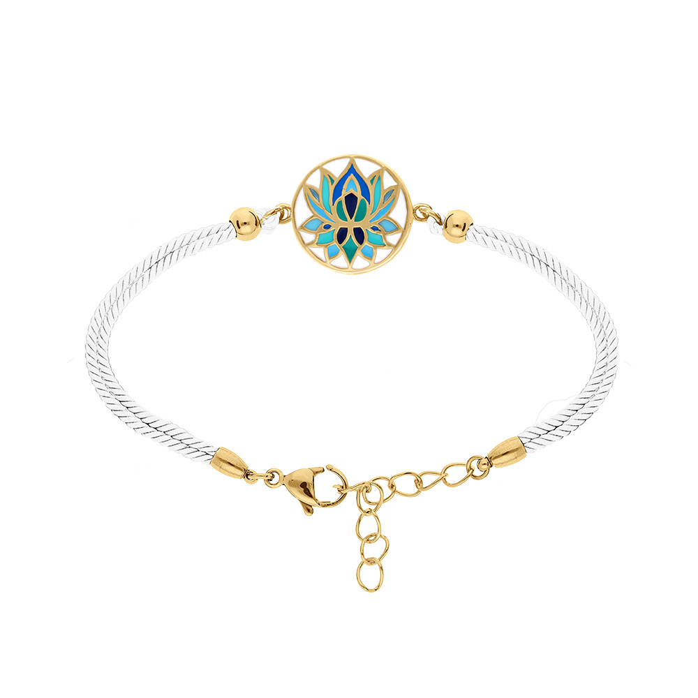 Bracelet stella mia en acier dor rsine fond blanc fleur de lotus cordon blanc - 16+3cm - Vue 1