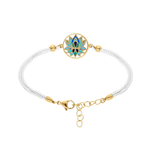 Bracelet stella mia en acier doré résine fond blanc fleur de lotus cordon blanc - 16+3cm - Vue 1