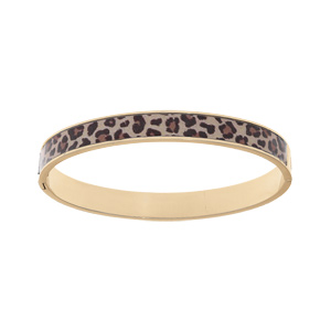 Bracelet Stella Mia en acier doré, rigide et articulé largeur 8mm diamètre 60mm motif résine léopard - Vue 1