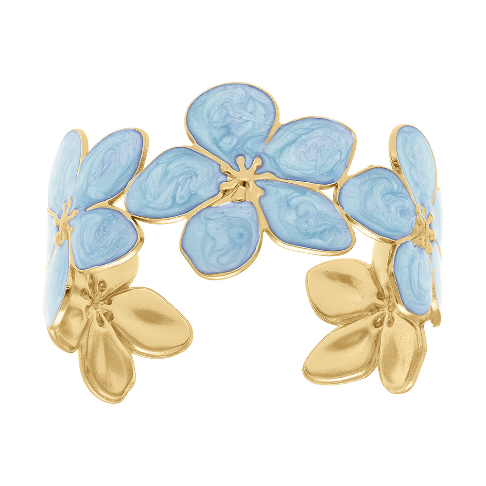 Bracelet Stella Mia en acier dor� rigide fleur nacr� r�sine bleu  - 60mm x 50mm - Vue 1