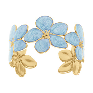 Bracelet Stella Mia en acier dor� rigide fleur nacr� r�sine bleu  - 60mm x 50mm