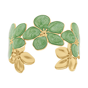 Bracelet Stella Mia en acier dor� rigide fleur nacr� r�sine vert -  60mm x 50mm