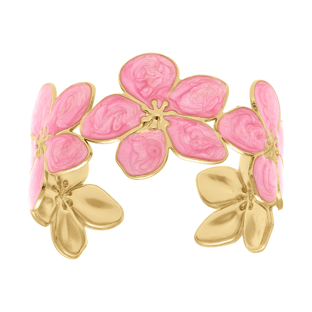 Bracelet Stella Mia en acier dor� rigide fleur nacr� rose - 60mm x 50mm - Vue 1
