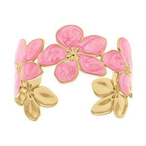 Bracelet Stella Mia en acier dor� rigide fleur nacr� rose - 60mm x 50mm