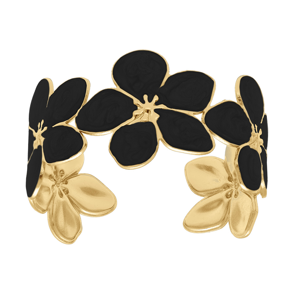 Bracelet Stella Mia en acier dor� rigide fleur r�sine noire - 60mm x 50mm - Vue 1