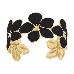 Bracelet Stella Mia en acier dor� rigide fleur r�sine noire - 60mm x 50mm