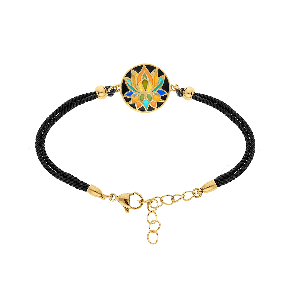 Bracelet stella mia en acier dor�r�sine fond noir fleur de lotus cordon noir  - 16+3cm - Vue 1